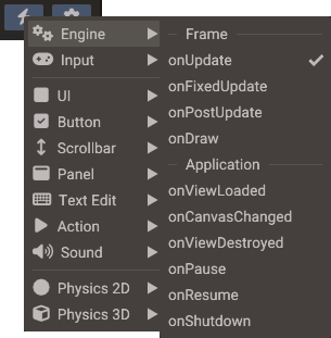 The Add event menu with the Engine events