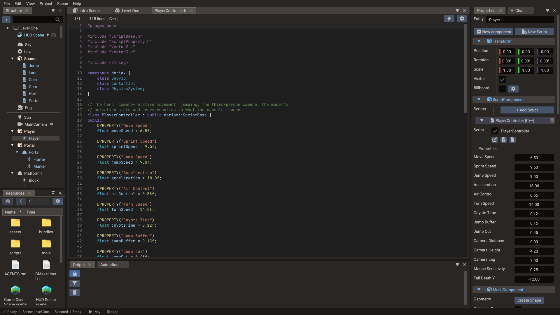 DPROPERTY declarations in a C++ header next to the fields they create in the Properties window
