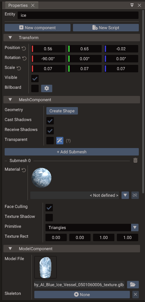 Properties window with components