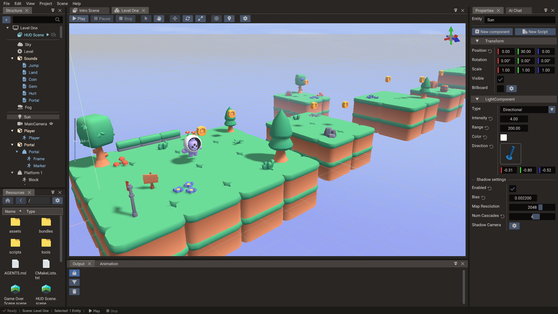 A directional light and the shadows it casts in a 3D scene