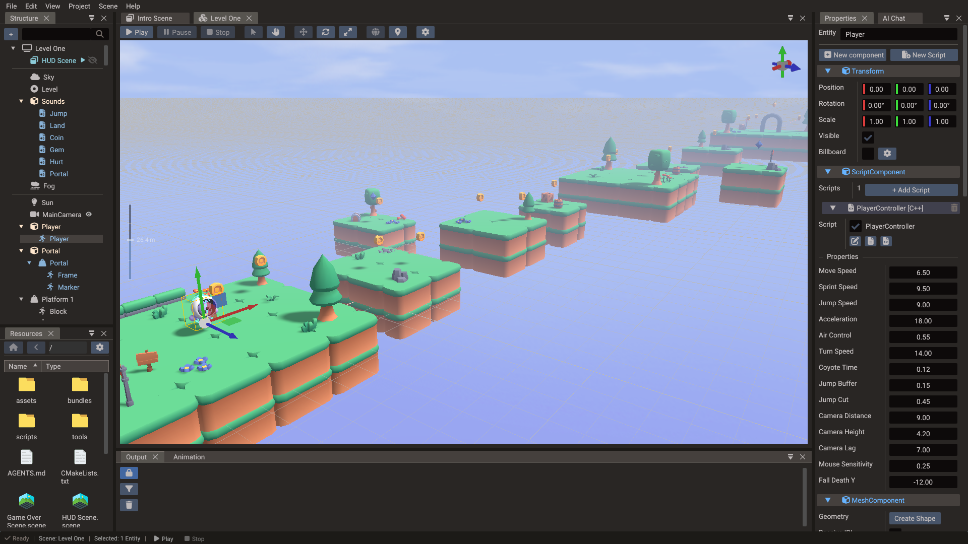 The editor in its default layout: Structure and Resources on the left, the scene in the middle, Properties on the right, Output and Animation below
