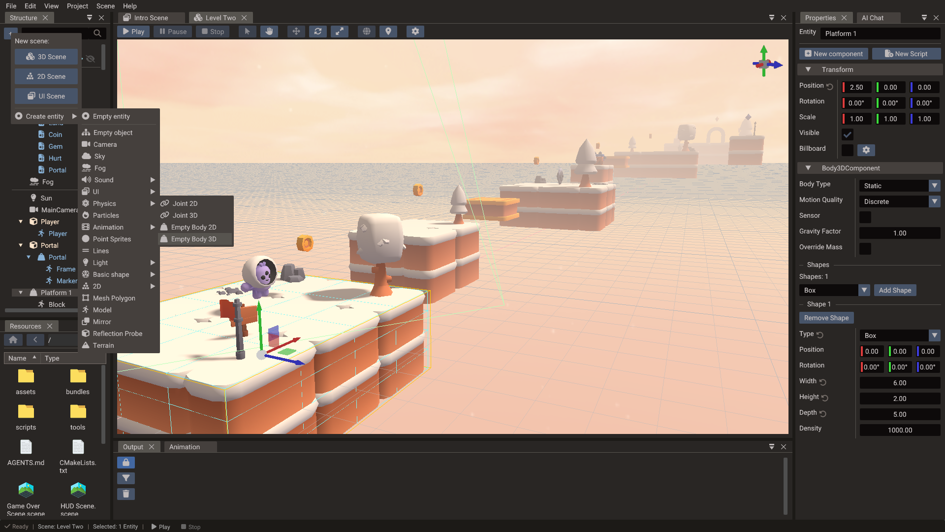 The Physics submenu of Create entity, over a character with its capsule collider