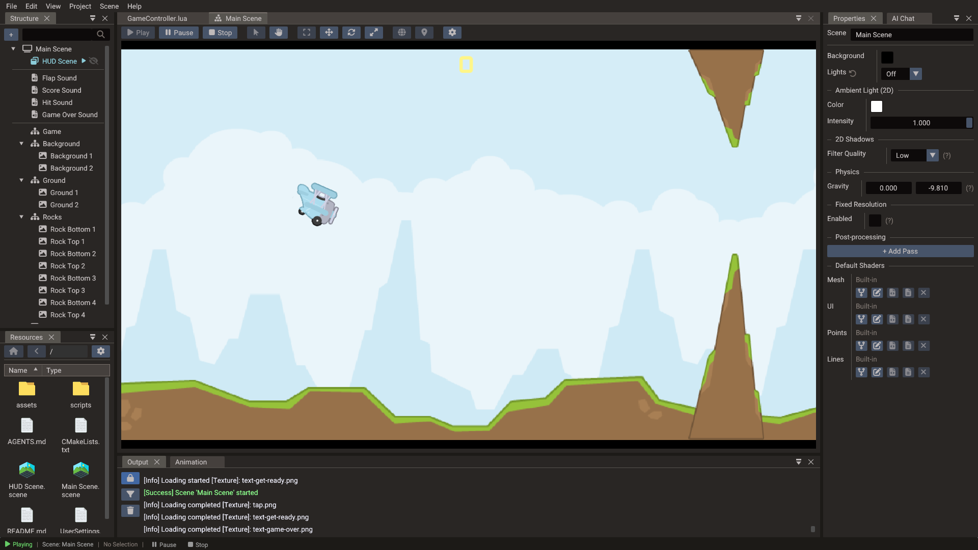A 2D game running in play mode; the footer shows Playing