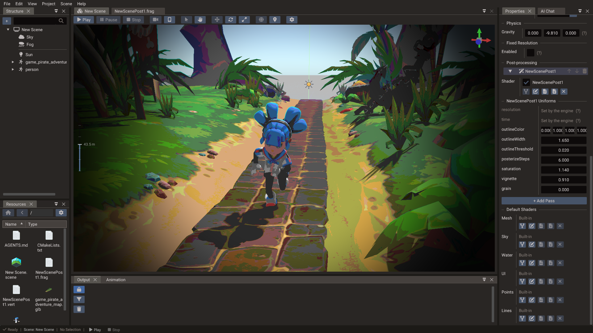 A stylized outline-and-posterize pass applied to a 3D scene
