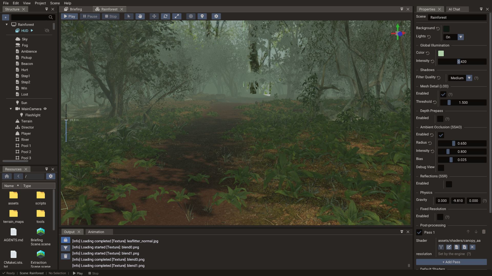 A rainforest terrain with PBR layers, foliage, and a river