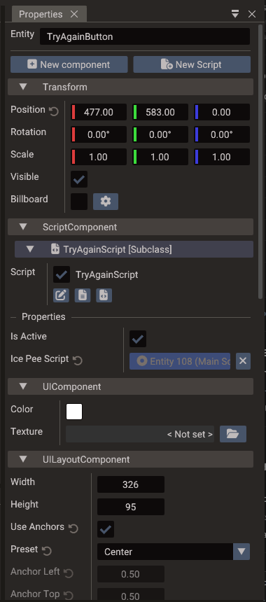Script component in the Properties window