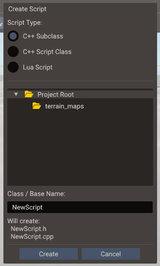 Script creation dialog