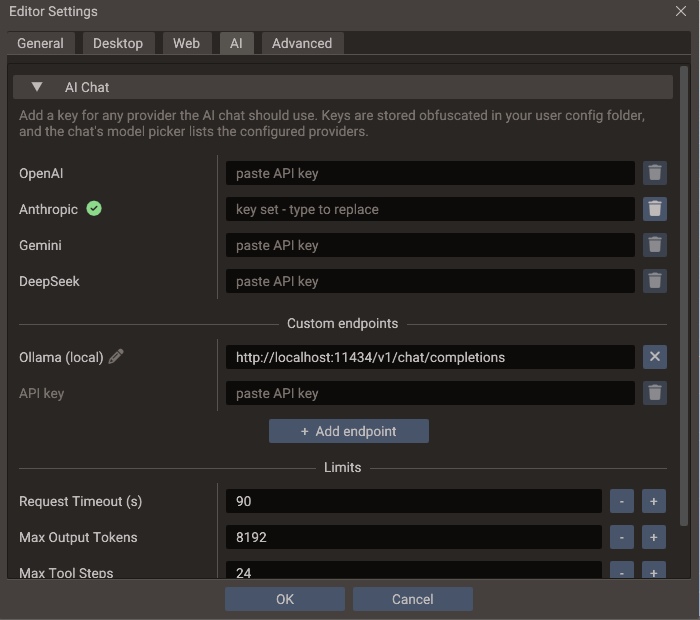 The AI tab of Editor Settings