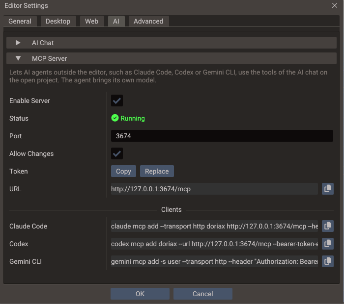 The MCP Server section of Editor Settings