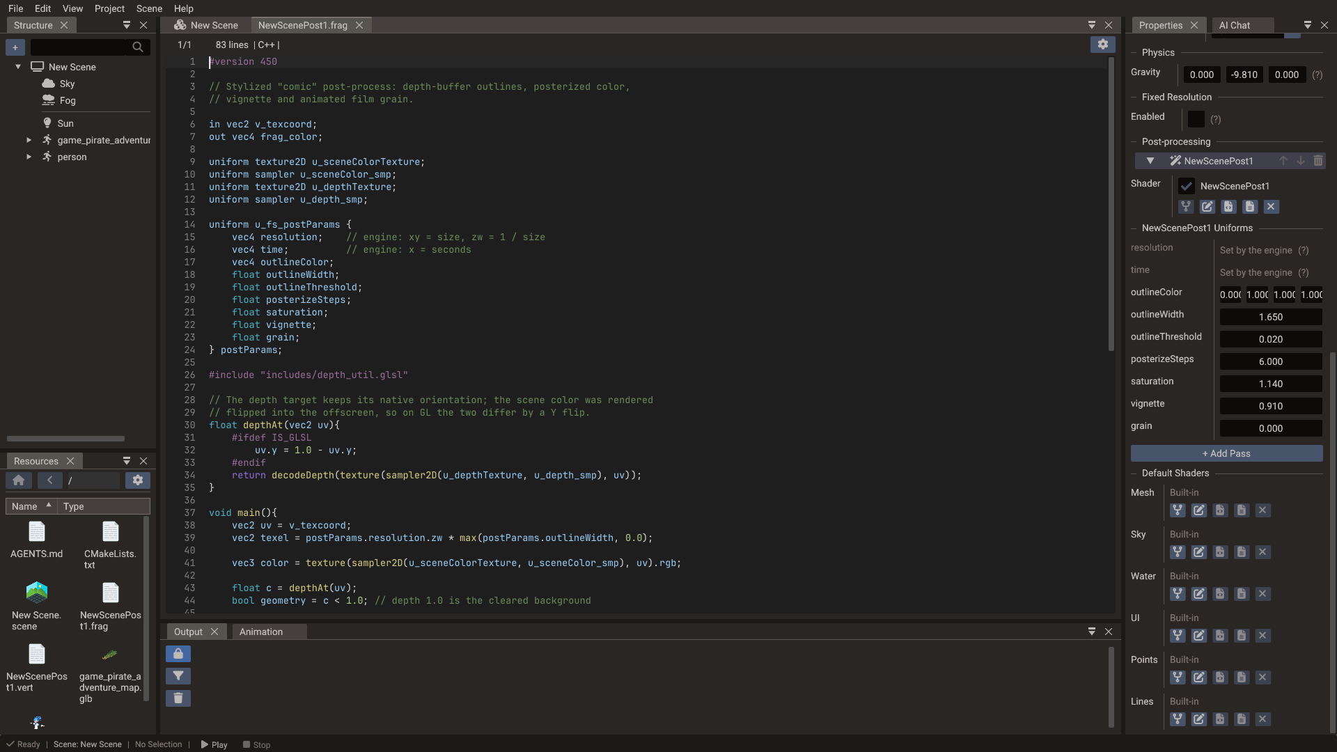 A post-process fragment shader open in the Code Editor next to its uniform rows