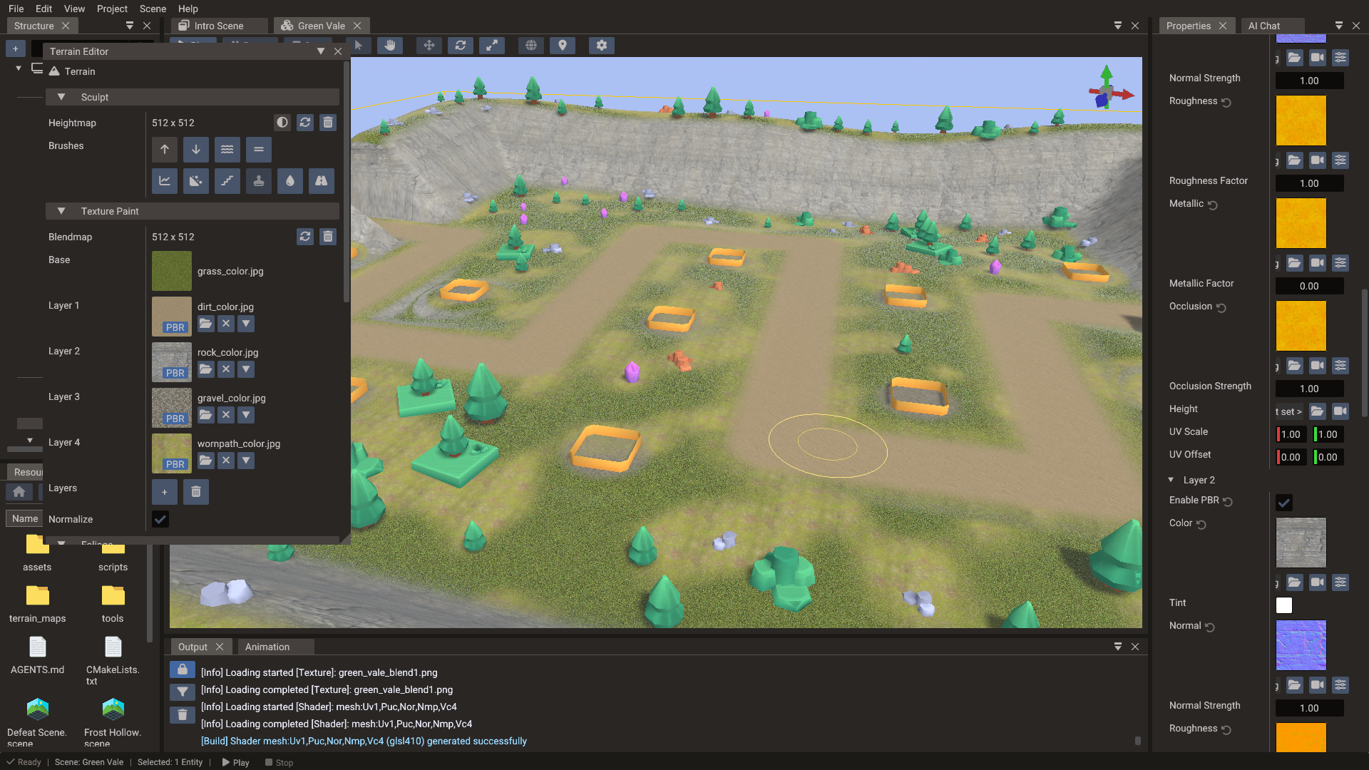 The Terrain Editor window with a sculpt brush over the terrain