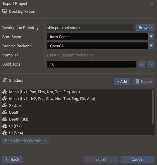 Desktop export with its graphic backend, compiler, and build jobs