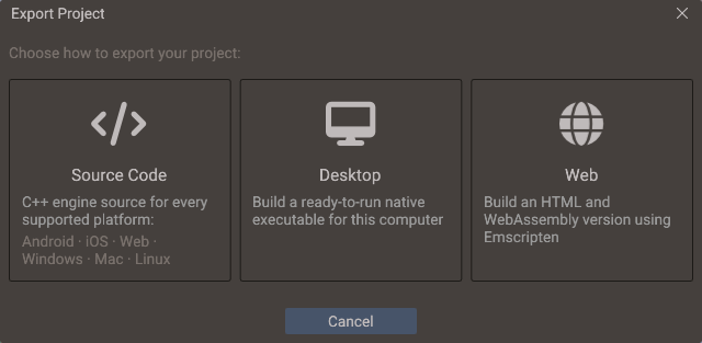 The Export Project window: Source Code, Desktop, and Web modes