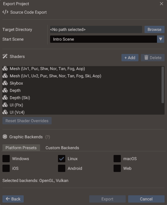 Source Code export with the shader list and the platform presets