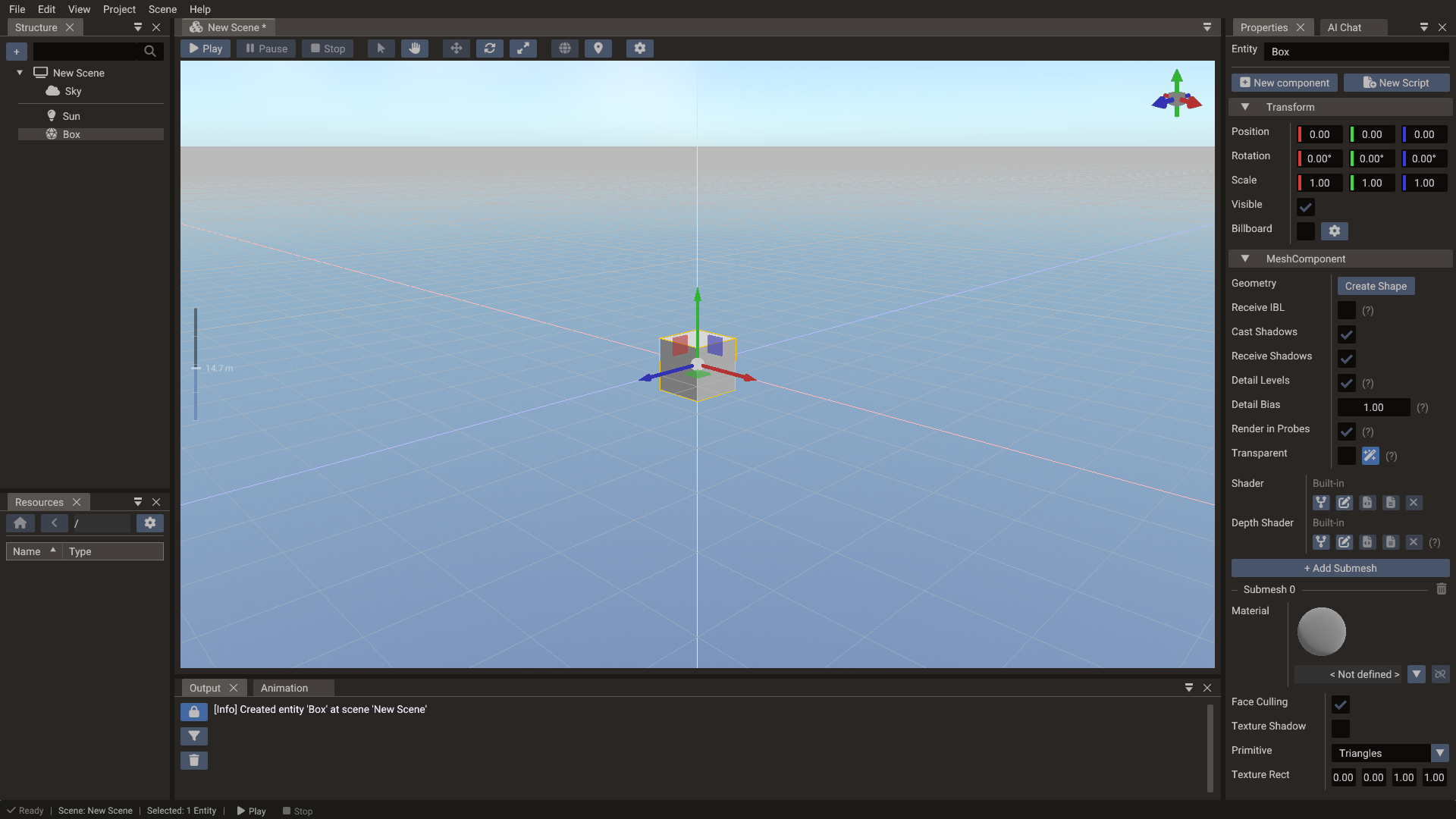 A Box selected, with its Transform and MeshComponent in the Properties window