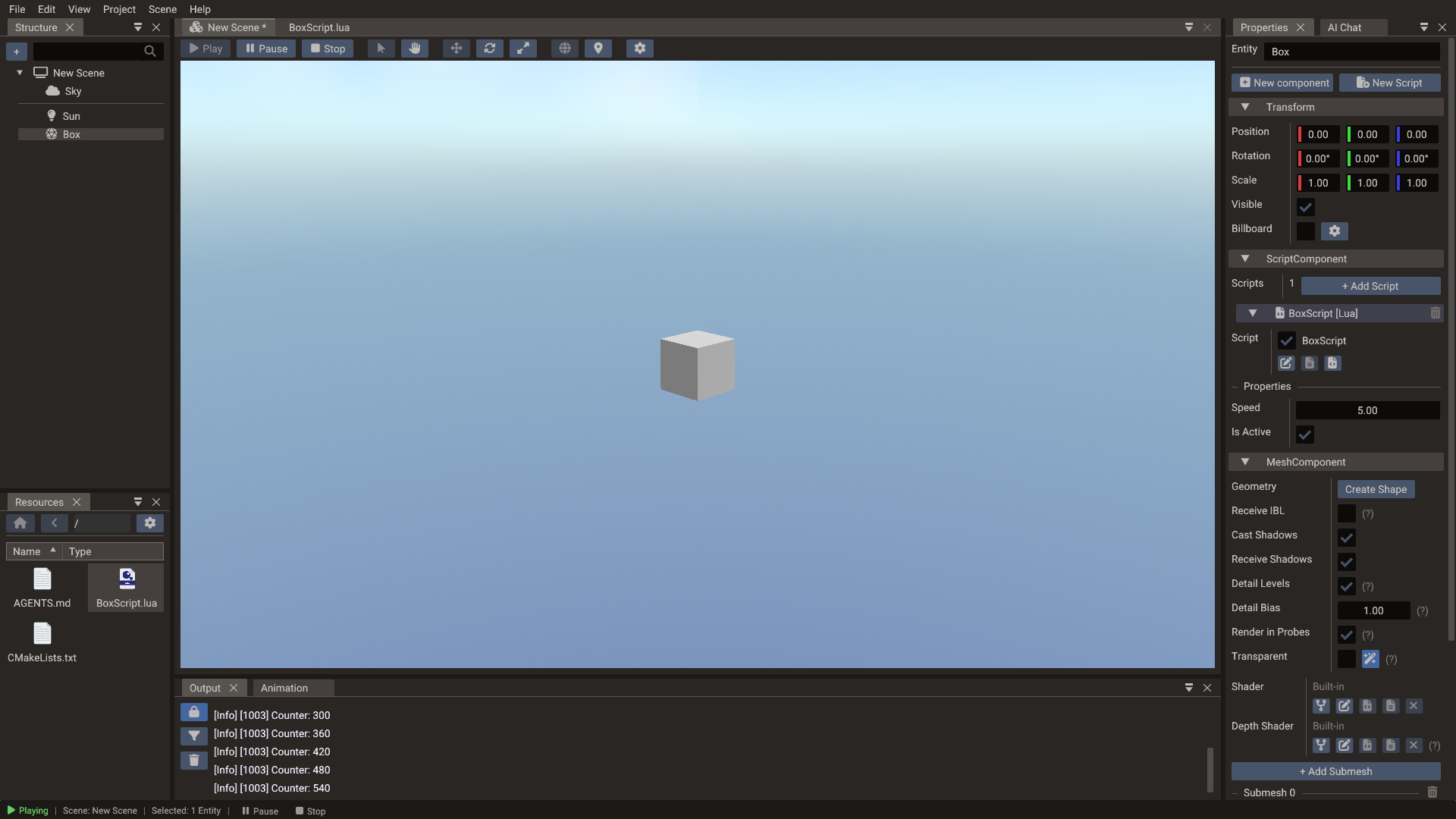Play mode: the generated script logs a counter to the Output panel