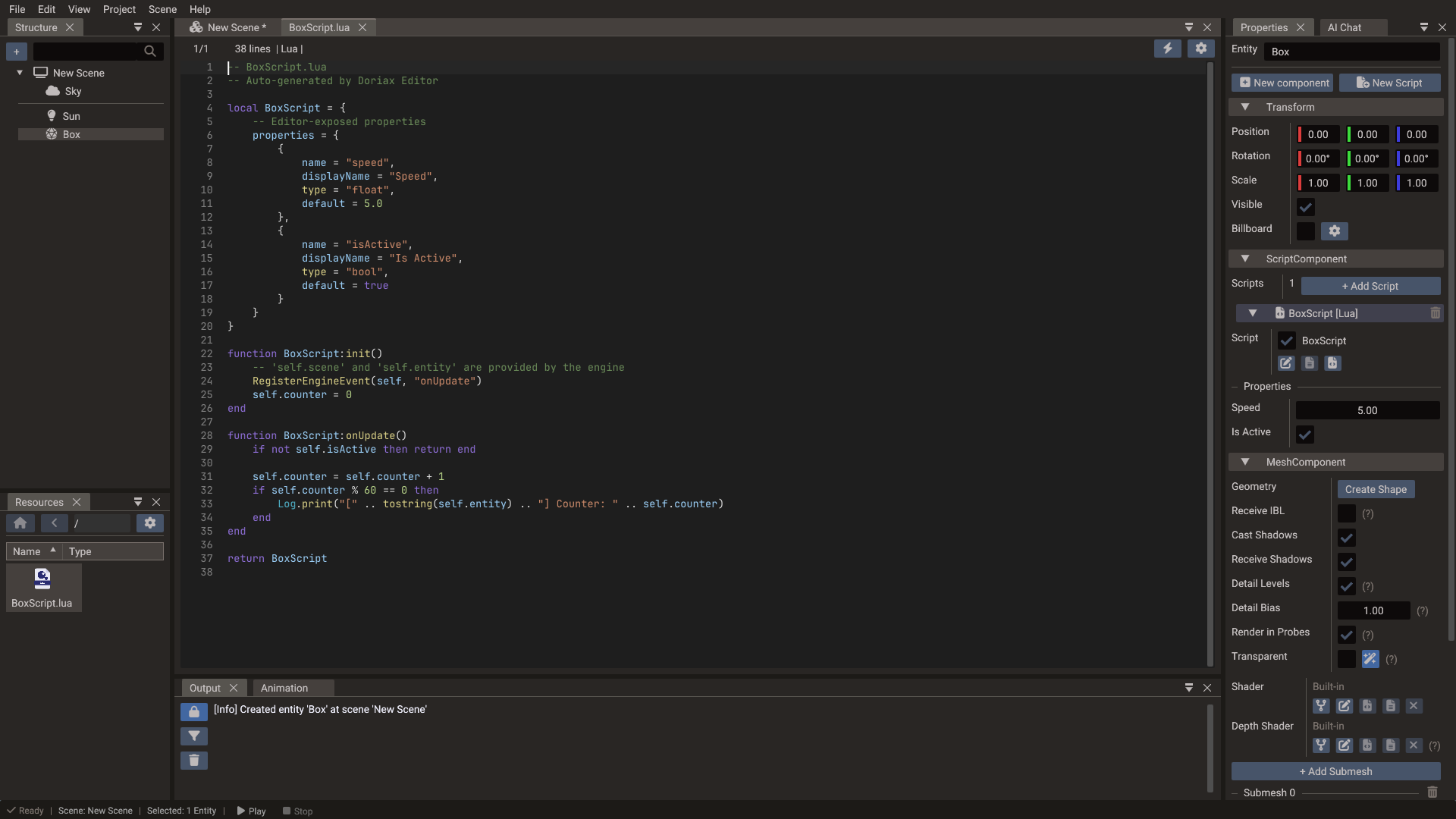 A generated Lua script open next to its ScriptComponent