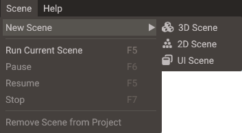 Scene → New Scene with the 3D, 2D, and UI scene types