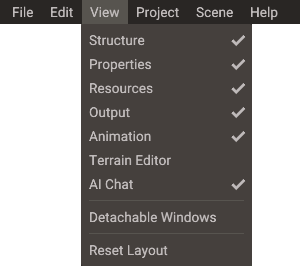 The View menu toggles each panel