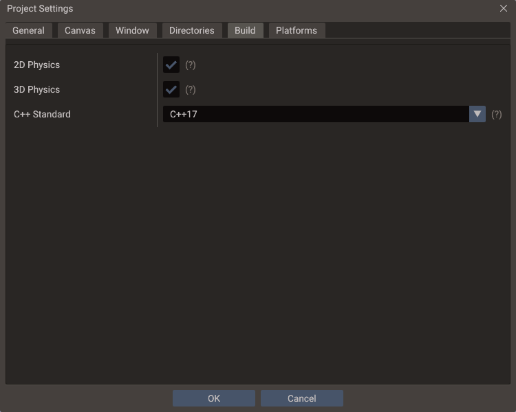 The Build tab of Project Settings
