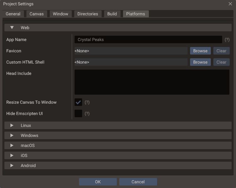 The Web section of the Platforms tab