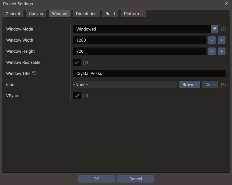 The Window tab of Project Settings