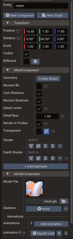 The Properties window showing a model's Transform, MeshComponent, and ModelComponent