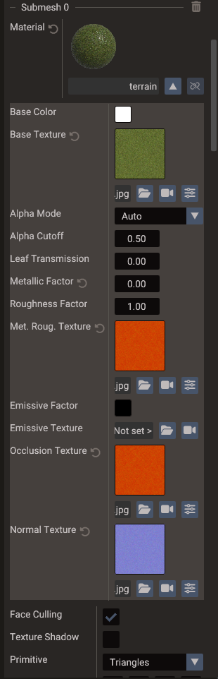 An expanded PBR material with its base, metallic-roughness, occlusion, and normal textures