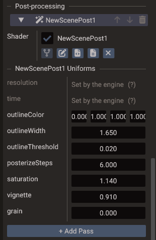 A post-process pass: its header, the Shader row, and the NewScenePost1 Uniforms section