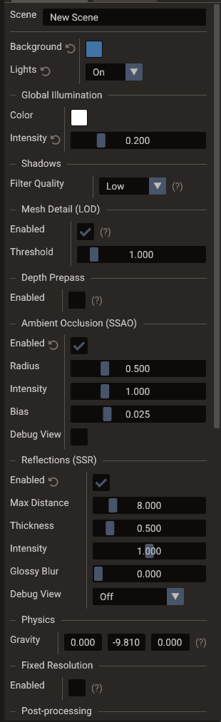 Scene settings with SSAO and SSR enabled