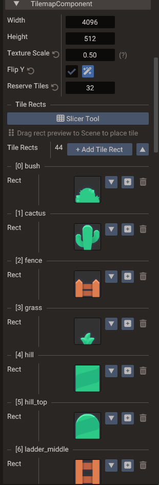 Tile rect previews in the Tilemap component, ready to drag into the scene
