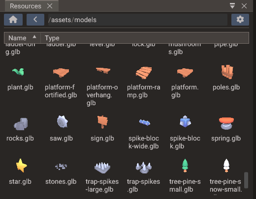 The Resources Browser showing model thumbnails