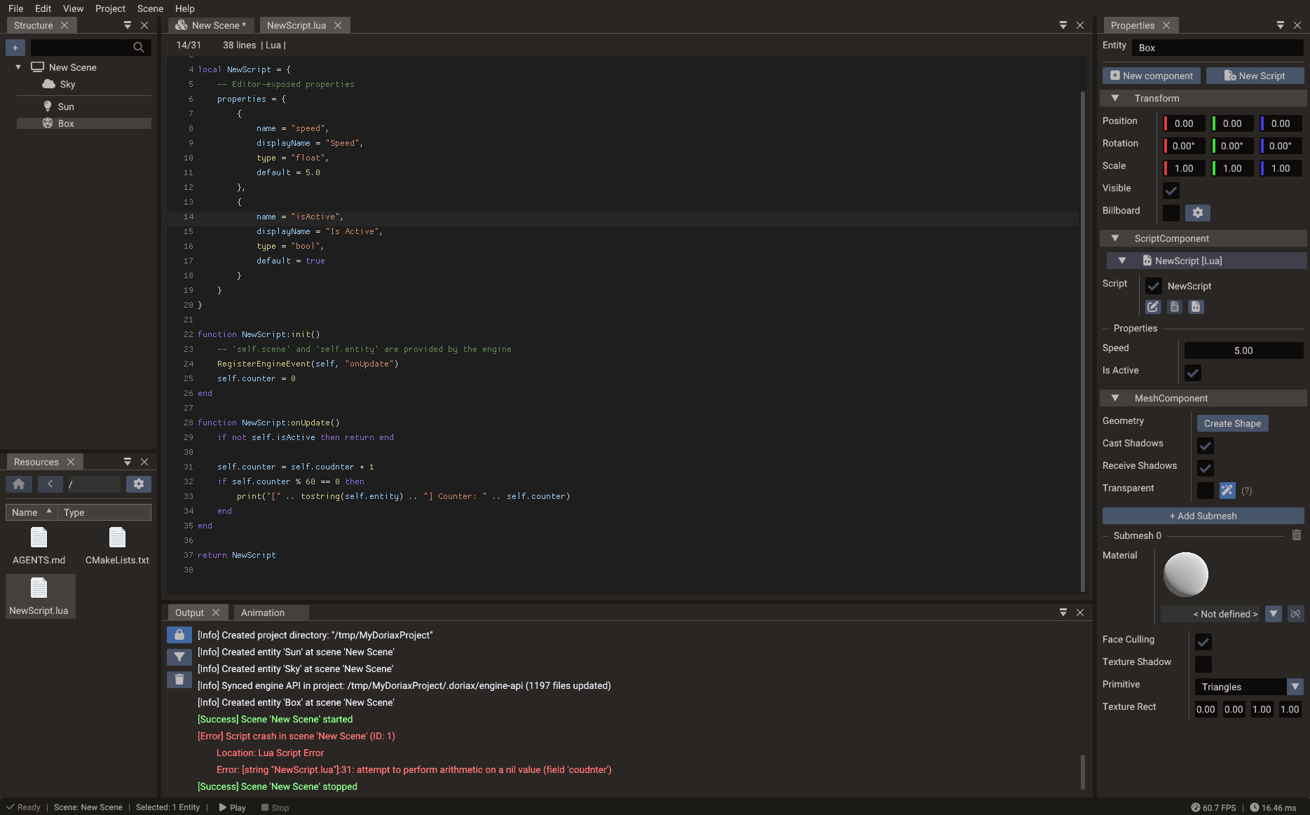 Lua output in the Output panel during play mode