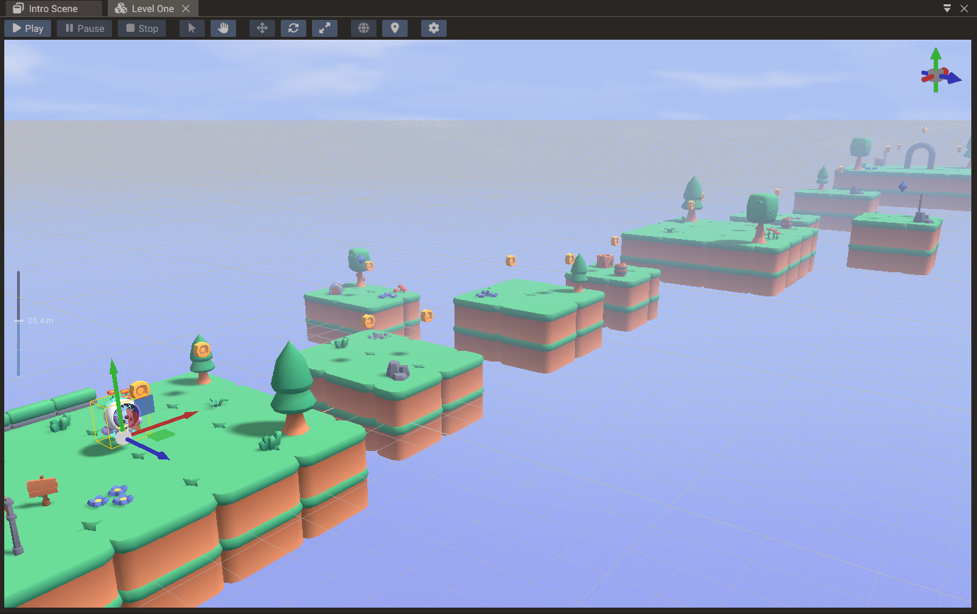 The Scene view with its toolbar and the transform gizmo on a selected entity