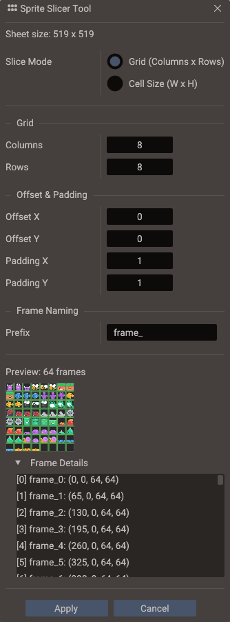 The Sprite Slicer dialog