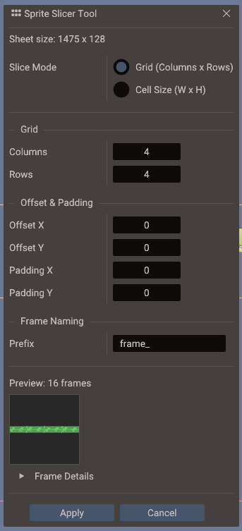 Grid slicing in the Sprite Slicer