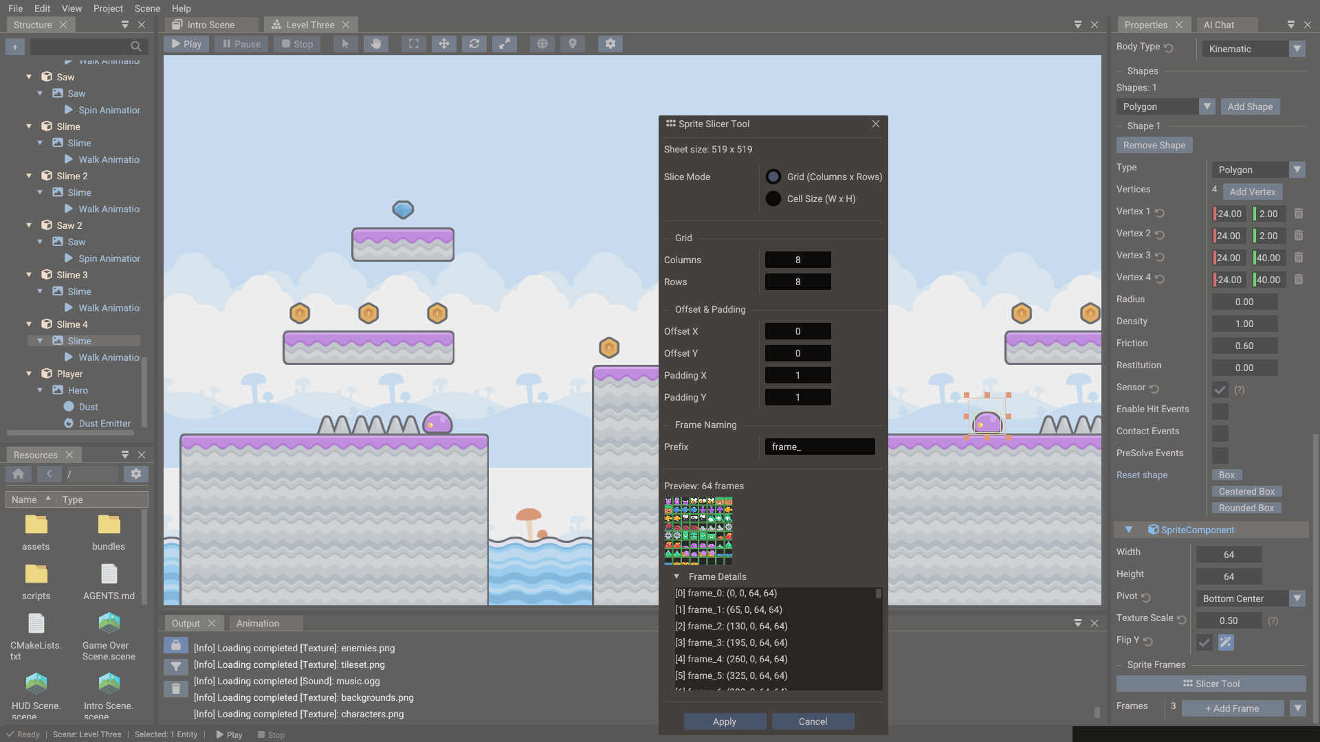 The Sprite Slicer cutting an enemy sprite sheet into 64 frames