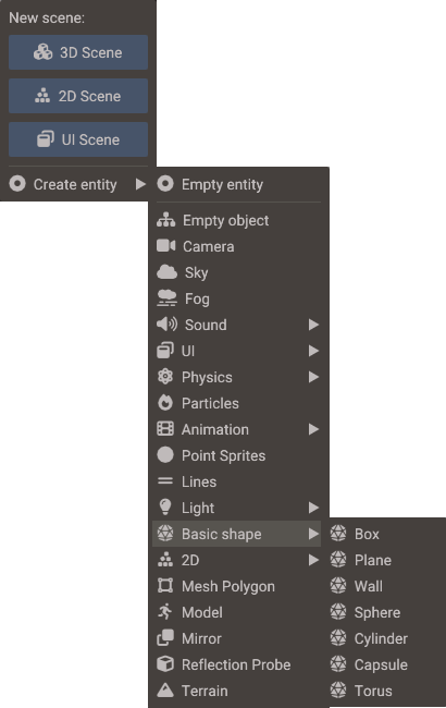 The create menu, with the Basic shape submenu open