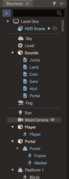 The Structure panel: a child scene first, then entities without a Transform, then the hierarchy
