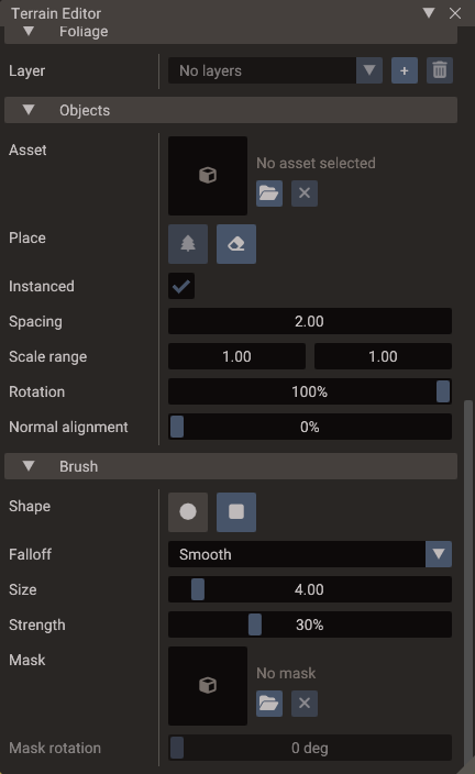 The Objects and Brush sections