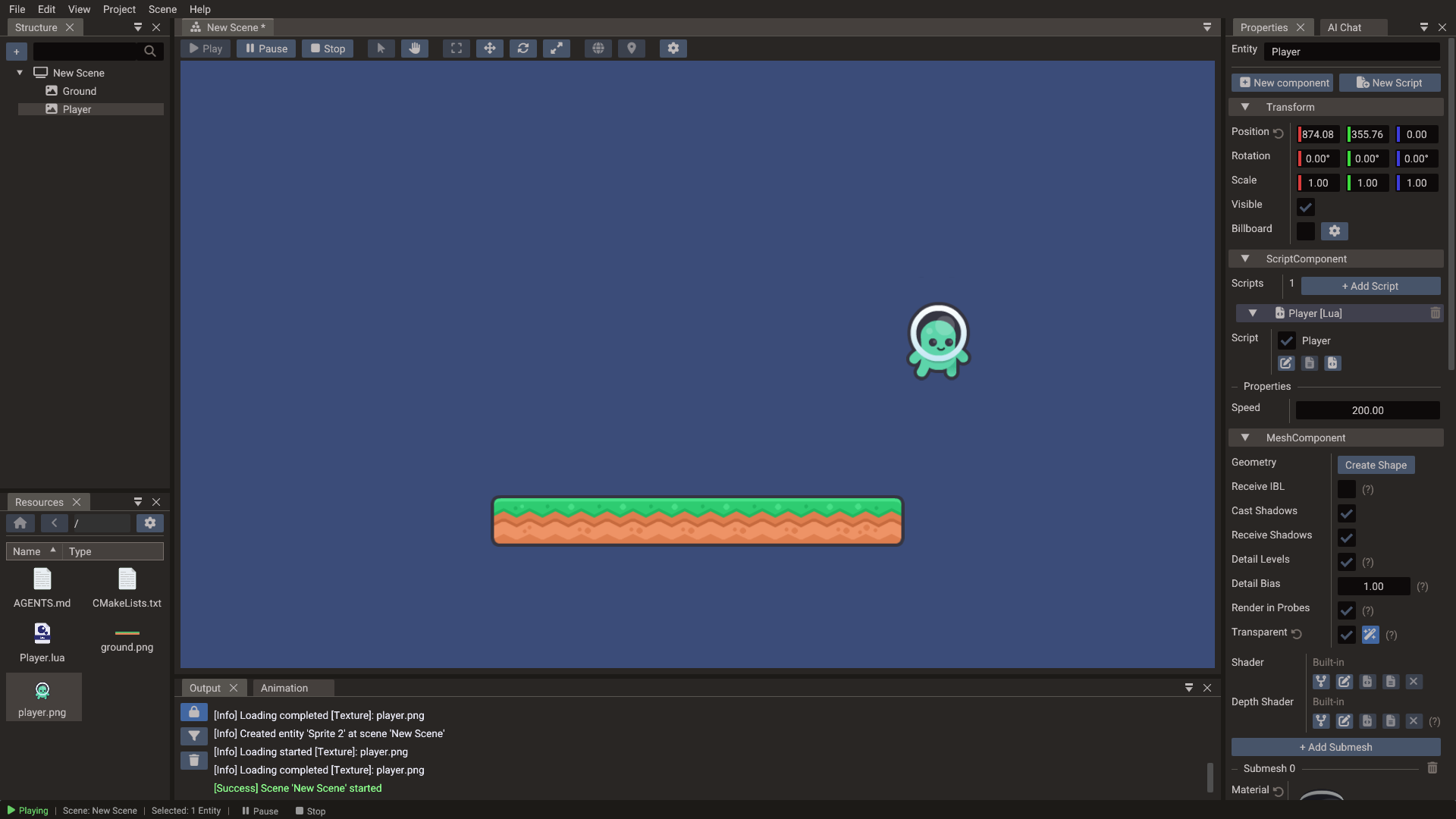 The finished 2D scene running in play mode
