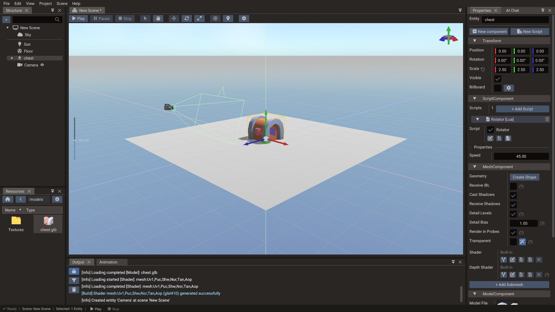 The model with its Rotator script and Speed property