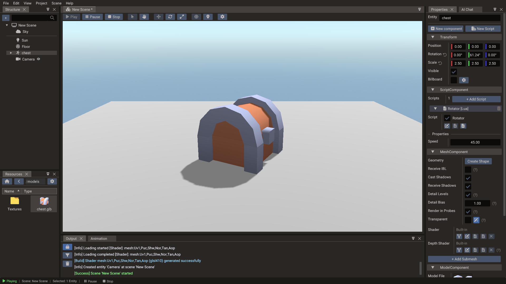 The finished 3D scene running in play mode