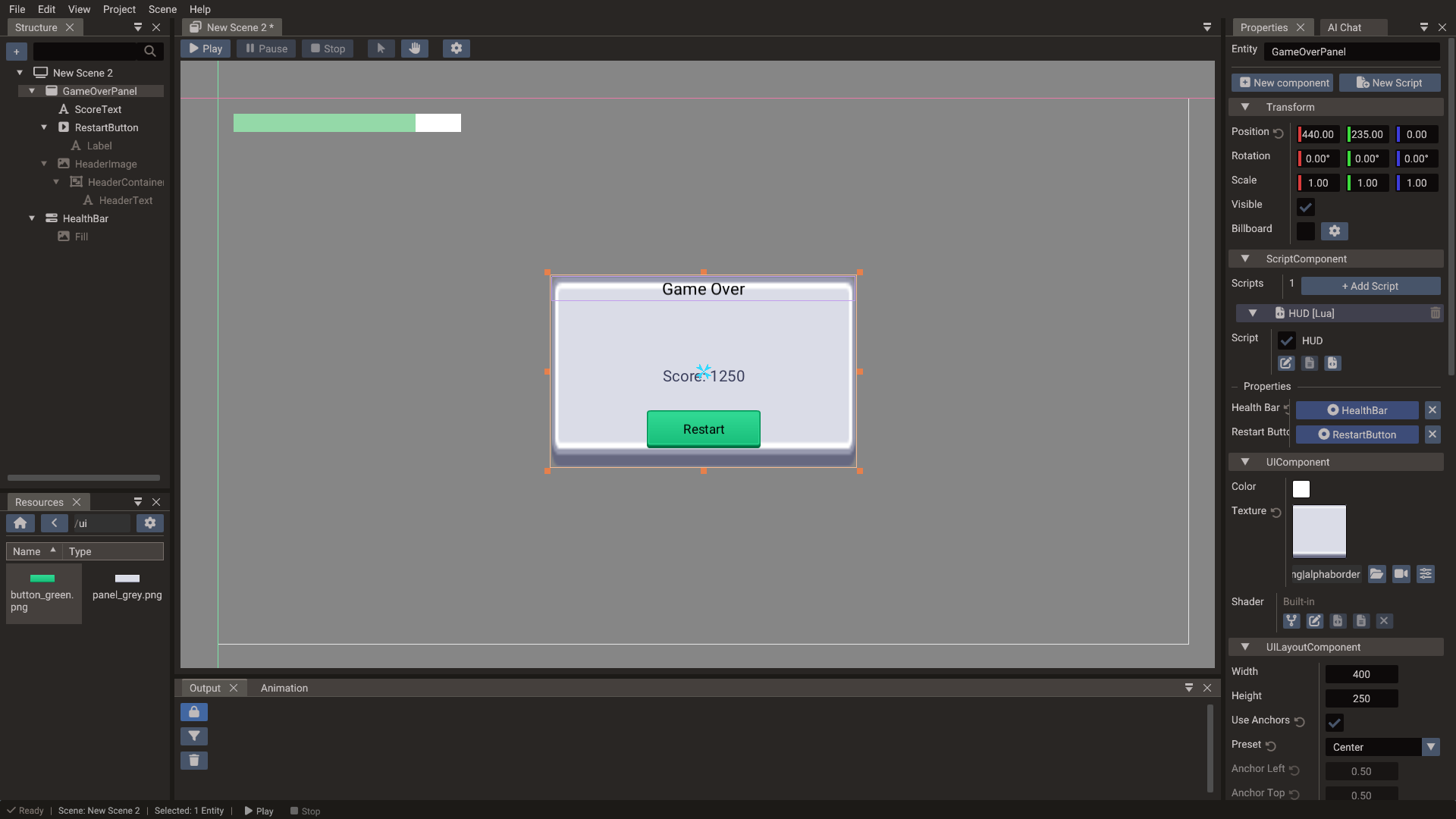 The HUD being laid out with anchors in the UI scene