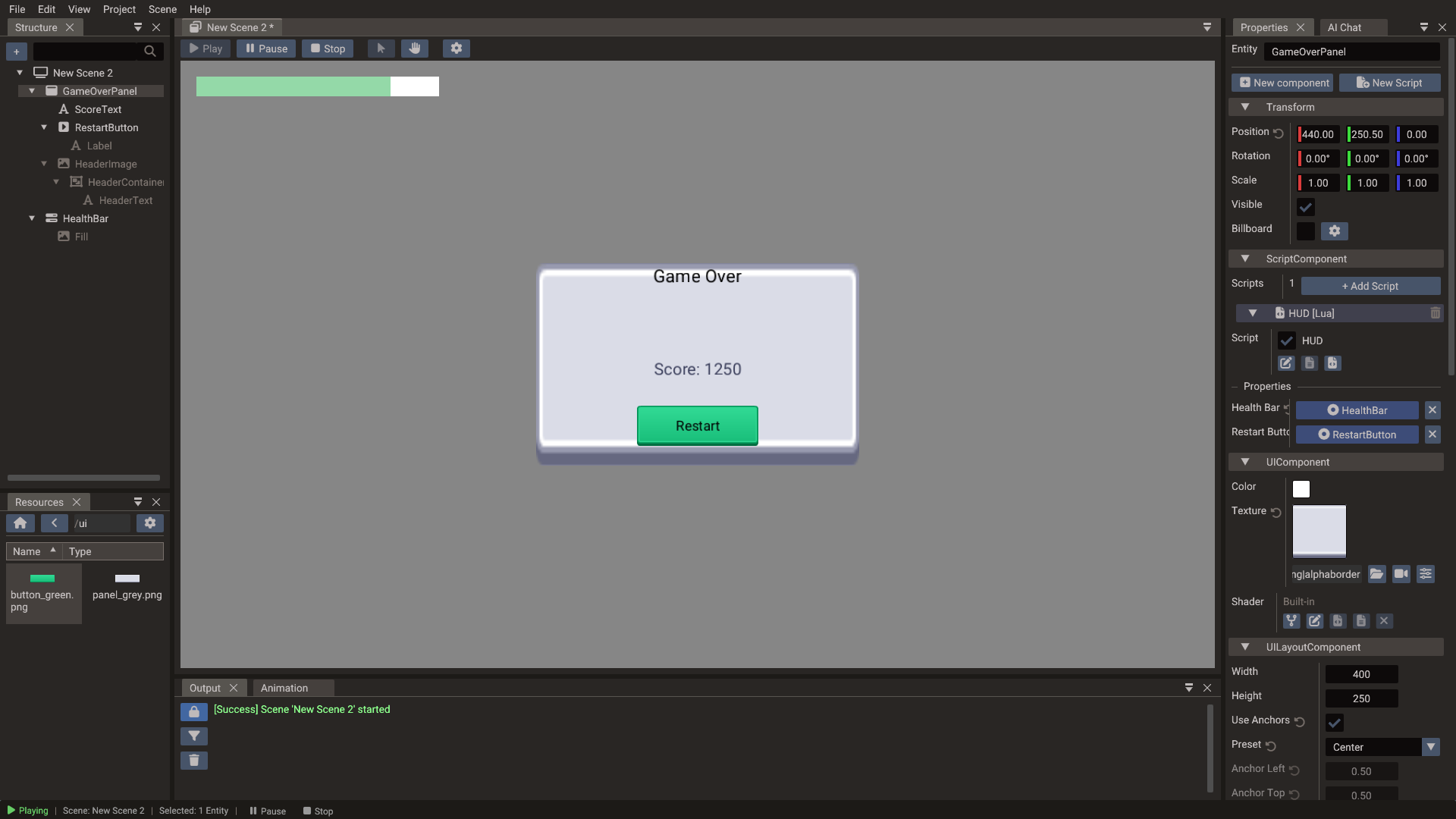 The finished HUD running in play mode